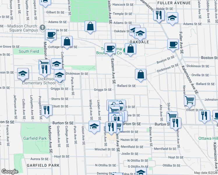 map of restaurants, bars, coffee shops, grocery stores, and more near 1737 Eastern Avenue Southeast in Grand Rapids