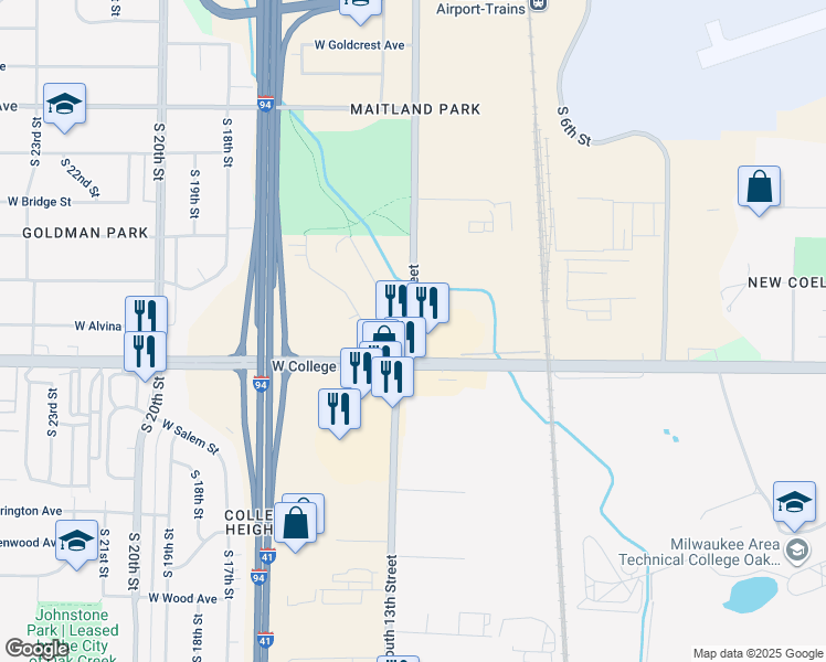 map of restaurants, bars, coffee shops, grocery stores, and more near 6237 South 13th Street in Milwaukee