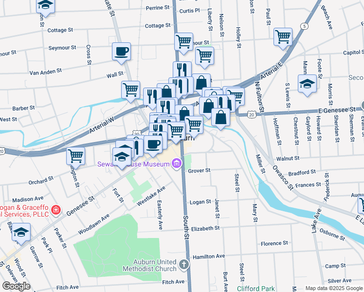 map of restaurants, bars, coffee shops, grocery stores, and more near 12 South Street in Auburn