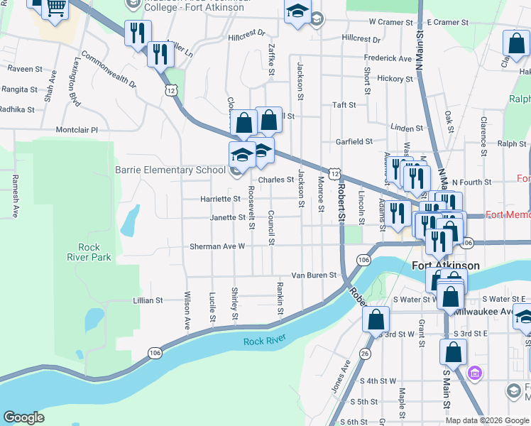 map of restaurants, bars, coffee shops, grocery stores, and more near 309 Council Street in Fort Atkinson
