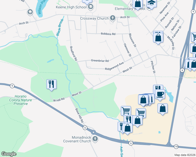 map of restaurants, bars, coffee shops, grocery stores, and more near 685 West Street in Keene