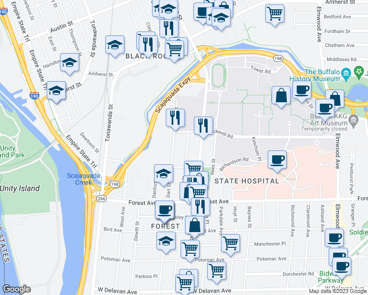 map of restaurants, bars, coffee shops, grocery stores, and more near 124 Hawley Street in Buffalo