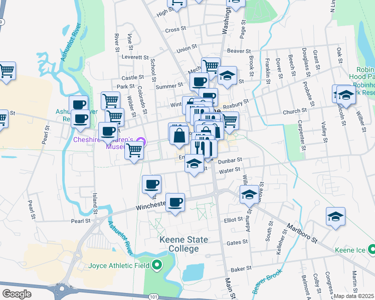 map of restaurants, bars, coffee shops, grocery stores, and more near 12 Wilson Street in Keene
