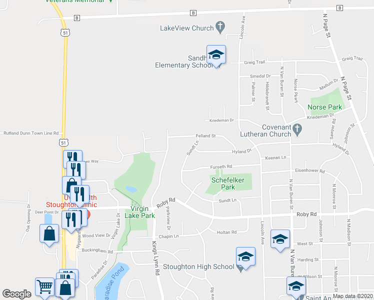 map of restaurants, bars, coffee shops, grocery stores, and more near 1440 Sundt Lane in Stoughton
