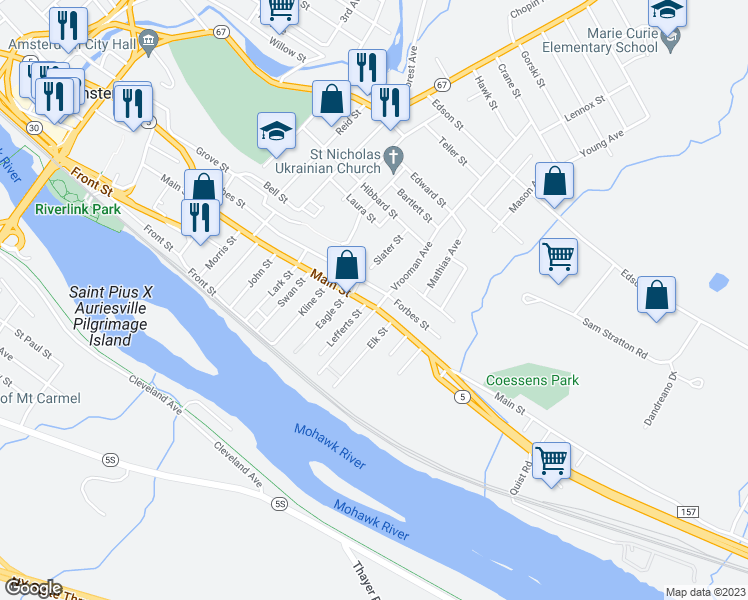 map of restaurants, bars, coffee shops, grocery stores, and more near 296 East Main Street in Amsterdam