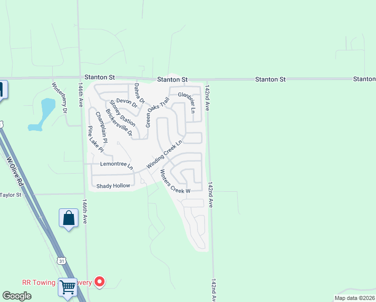map of restaurants, bars, coffee shops, grocery stores, and more near 14265 Winters Creek East in West Olive