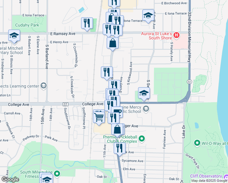 map of restaurants, bars, coffee shops, grocery stores, and more near 6230 South Packard Avenue in Cudahy