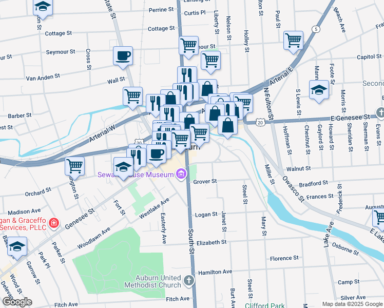 map of restaurants, bars, coffee shops, grocery stores, and more near 12 South Street in Auburn