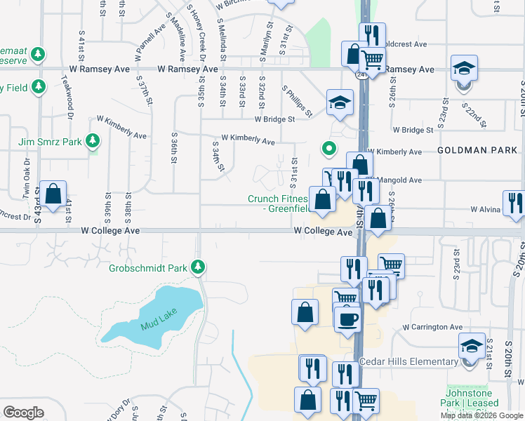 map of restaurants, bars, coffee shops, grocery stores, and more near 3137 West Alvina Avenue in Greenfield