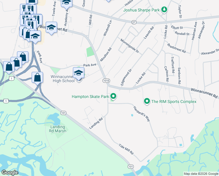 map of restaurants, bars, coffee shops, grocery stores, and more near 251 Landing Road in Hampton