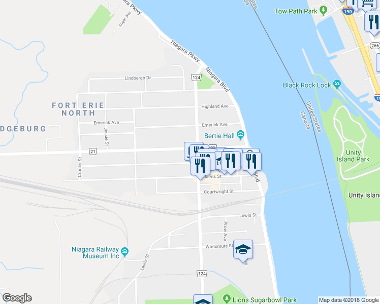 map of restaurants, bars, coffee shops, grocery stores, and more near 207 Phipps Street in Fort Erie