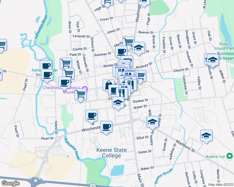 map of restaurants, bars, coffee shops, grocery stores, and more near 101 Main Street in Keene