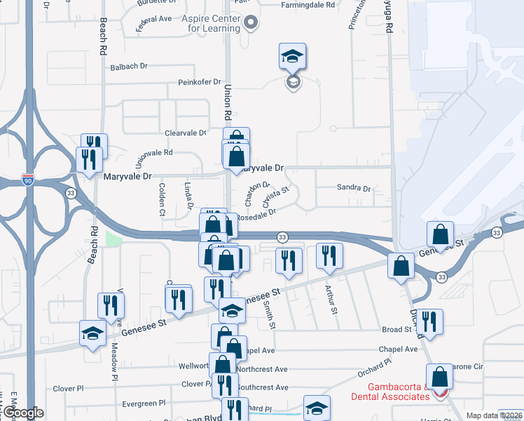 map of restaurants, bars, coffee shops, grocery stores, and more near 17 Christa Street in Buffalo