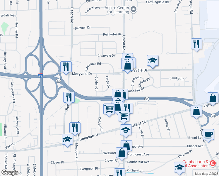 map of restaurants, bars, coffee shops, grocery stores, and more near 49 Linda Drive in Cheektowaga