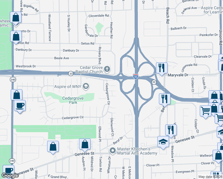 map of restaurants, bars, coffee shops, grocery stores, and more near 19-25 Nugget Drive in Cheektowaga