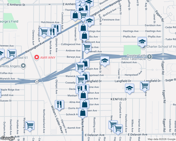 map of restaurants, bars, coffee shops, grocery stores, and more near 19 Ruspin Avenue in Buffalo