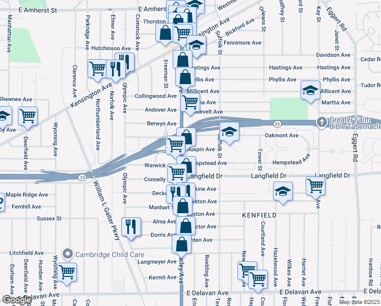 map of restaurants, bars, coffee shops, grocery stores, and more near 19 Ruspin Avenue in Buffalo