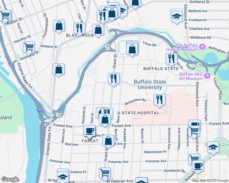 map of restaurants, bars, coffee shops, grocery stores, and more near 132 Rees Street in Buffalo