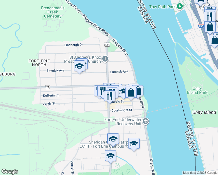 map of restaurants, bars, coffee shops, grocery stores, and more near 207 Phipps Street in Fort Erie