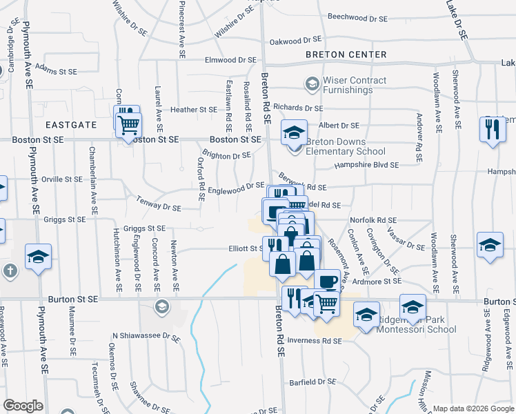 map of restaurants, bars, coffee shops, grocery stores, and more near 1756 Whitfield Road Southeast in East Grand Rapids