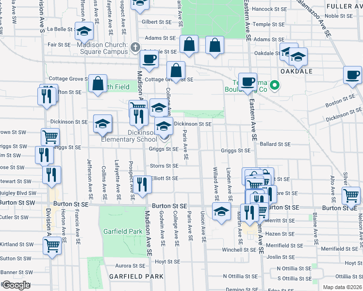 map of restaurants, bars, coffee shops, grocery stores, and more near 1738 Paris Avenue Southeast in Grand Rapids