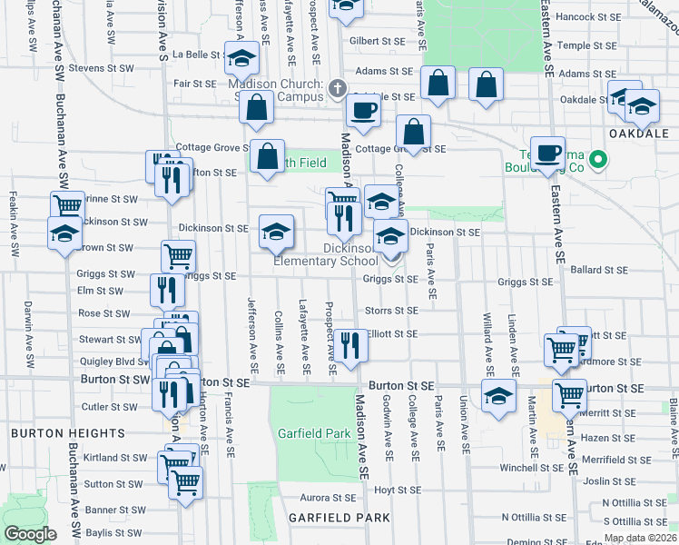 map of restaurants, bars, coffee shops, grocery stores, and more near 341 Griggs Street Southeast in Grand Rapids
