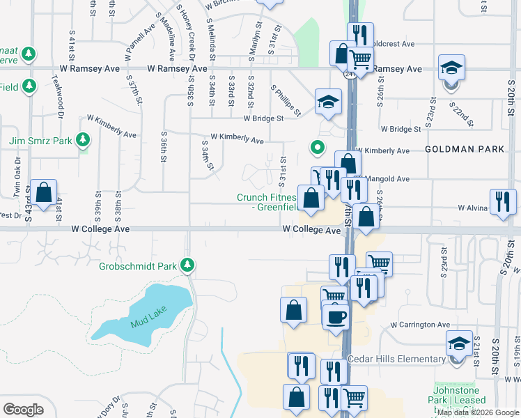 map of restaurants, bars, coffee shops, grocery stores, and more near 3137 West Alvina Avenue in Greenfield