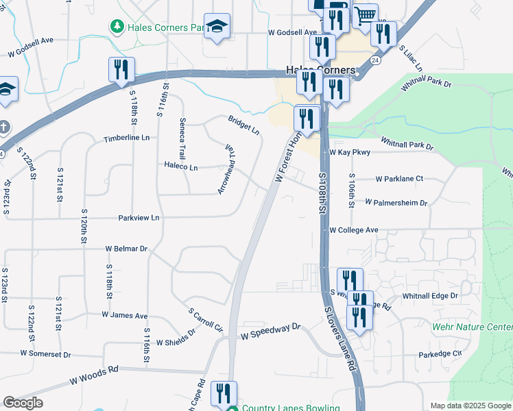 map of restaurants, bars, coffee shops, grocery stores, and more near 11209 Parkview Lane in Hales Corners