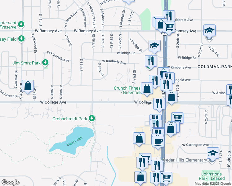 map of restaurants, bars, coffee shops, grocery stores, and more near 3137 West Alvina Avenue in Greenfield