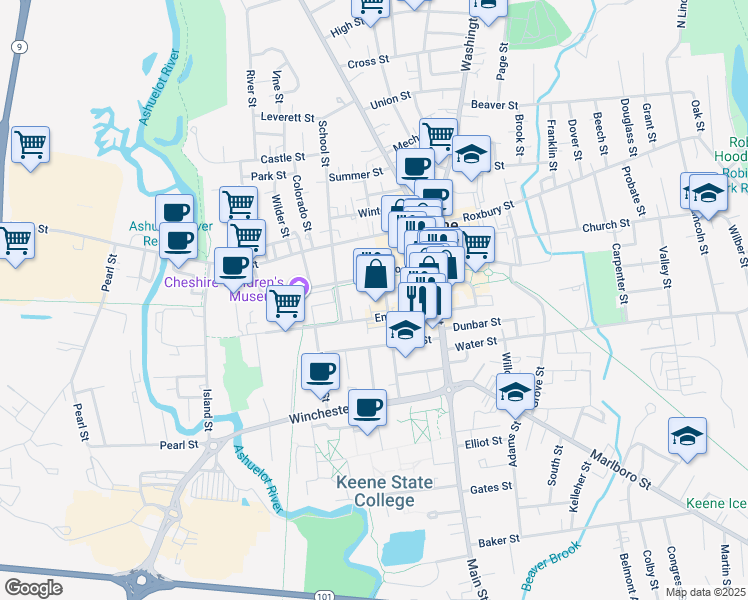 map of restaurants, bars, coffee shops, grocery stores, and more near 79 Emerald Street in Keene