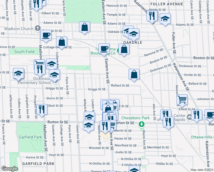 map of restaurants, bars, coffee shops, grocery stores, and more near 1745 Eastern Avenue Southeast in Grand Rapids