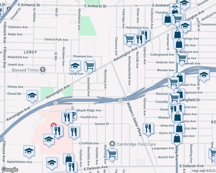 map of restaurants, bars, coffee shops, grocery stores, and more near 609 Wyoming Avenue in Buffalo