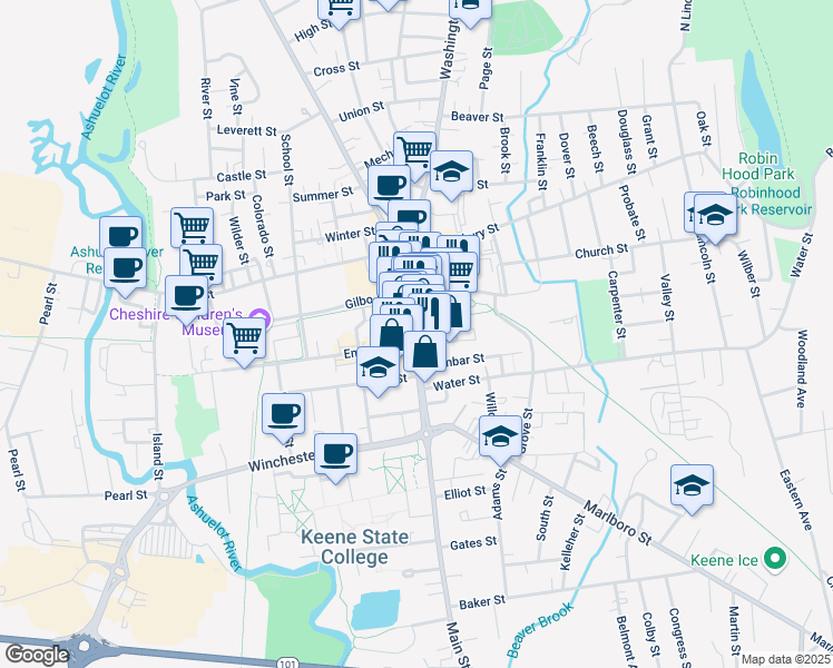 map of restaurants, bars, coffee shops, grocery stores, and more near 108 Main Street in Keene