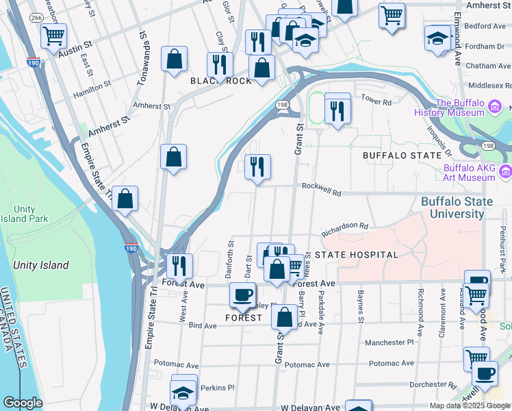 map of restaurants, bars, coffee shops, grocery stores, and more near 135 Dart St in Buffalo