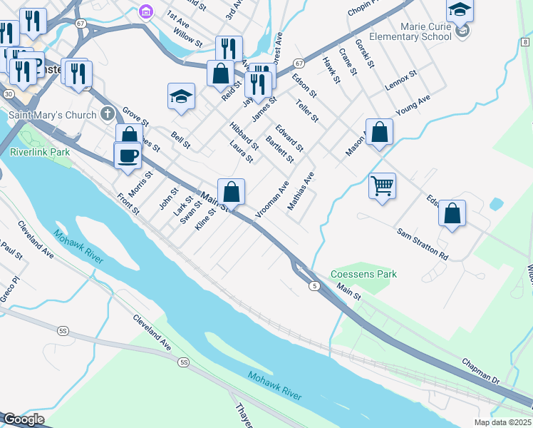 map of restaurants, bars, coffee shops, grocery stores, and more near 201 Vrooman Avenue in Amsterdam