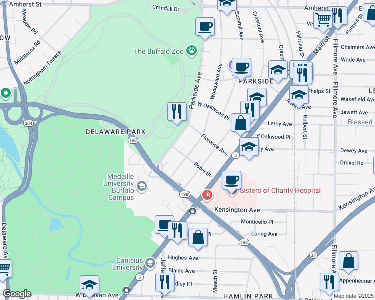 map of restaurants, bars, coffee shops, grocery stores, and more near 76 Woodward Avenue in Buffalo