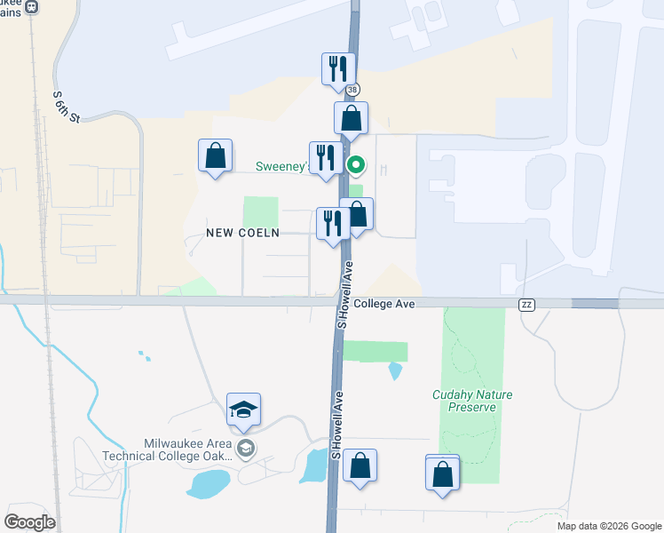 map of restaurants, bars, coffee shops, grocery stores, and more near 6221 Wisconsin 38 in Milwaukee