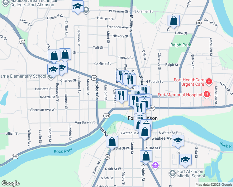 map of restaurants, bars, coffee shops, grocery stores, and more near 312 Adams Street in Fort Atkinson