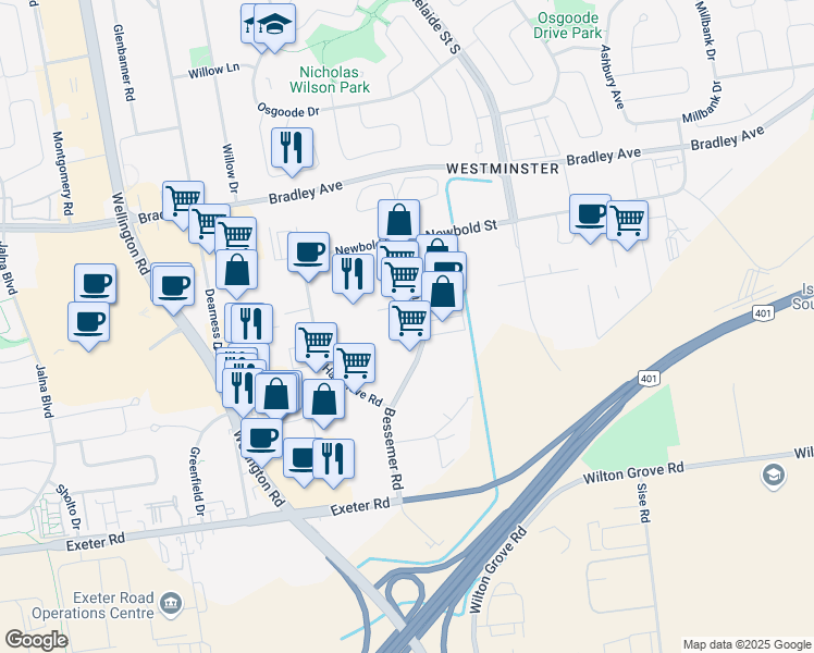 map of restaurants, bars, coffee shops, grocery stores, and more near 90 Bessemer Road in London