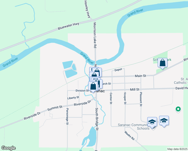 map of restaurants, bars, coffee shops, grocery stores, and more near 107 North Bridge Street in Saranac