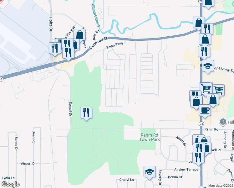map of restaurants, bars, coffee shops, grocery stores, and more near 58 Tammy Lane in Cheektowaga