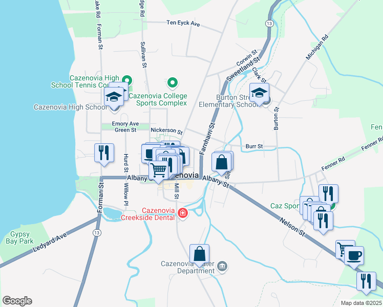 map of restaurants, bars, coffee shops, grocery stores, and more near 21 Center Street in Cazenovia