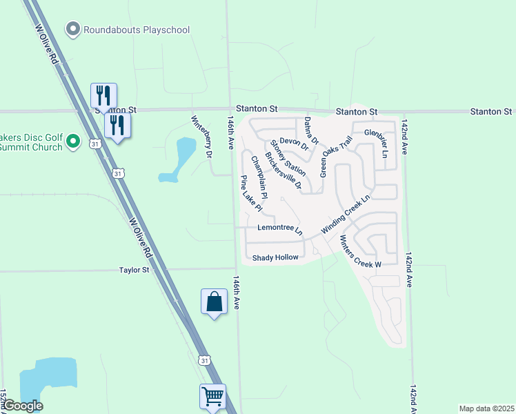 map of restaurants, bars, coffee shops, grocery stores, and more near 8937 Pine Lake Place in West Olive