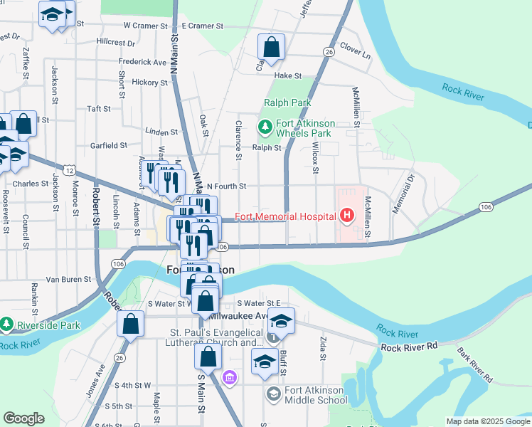 map of restaurants, bars, coffee shops, grocery stores, and more near 307 North 3rd Street in Fort Atkinson