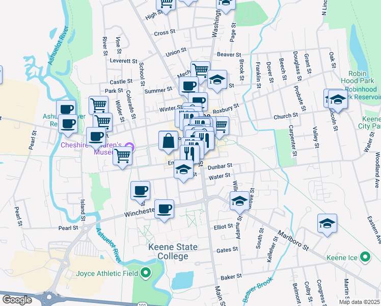 map of restaurants, bars, coffee shops, grocery stores, and more near 101 Main Street in Keene