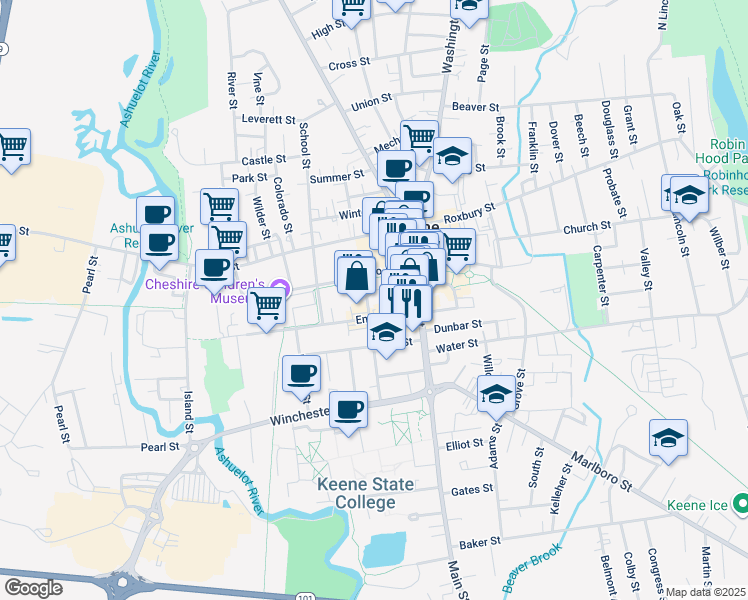 map of restaurants, bars, coffee shops, grocery stores, and more near 79 Emerald Street in Keene