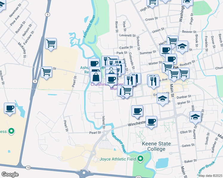map of restaurants, bars, coffee shops, grocery stores, and more near 222 West Street in Keene