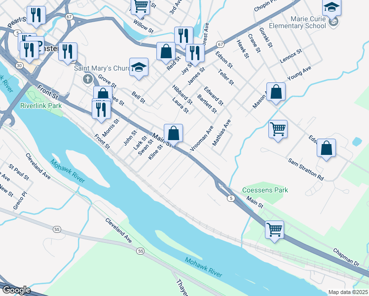 map of restaurants, bars, coffee shops, grocery stores, and more near 286 Main Street in Amsterdam