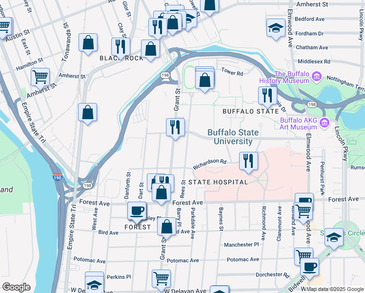 map of restaurants, bars, coffee shops, grocery stores, and more near 132 Rees Street in Buffalo