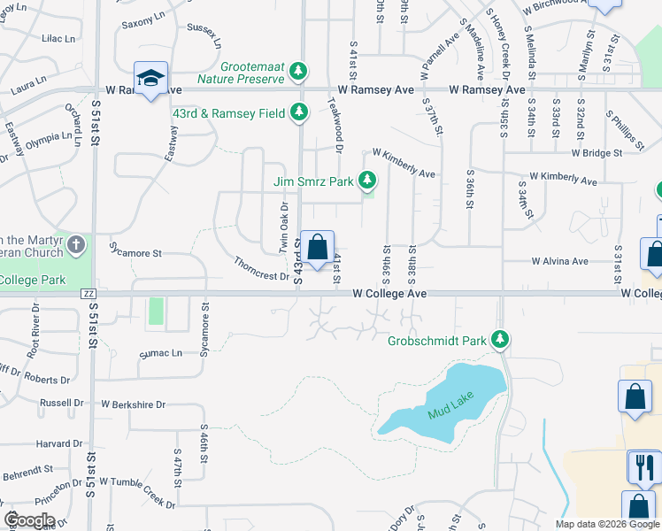 map of restaurants, bars, coffee shops, grocery stores, and more near 4122 West Alvina Avenue in Greenfield